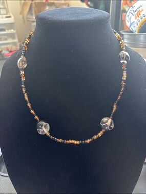 Hand Crafted Amber and Clear Glass Bead Necklace